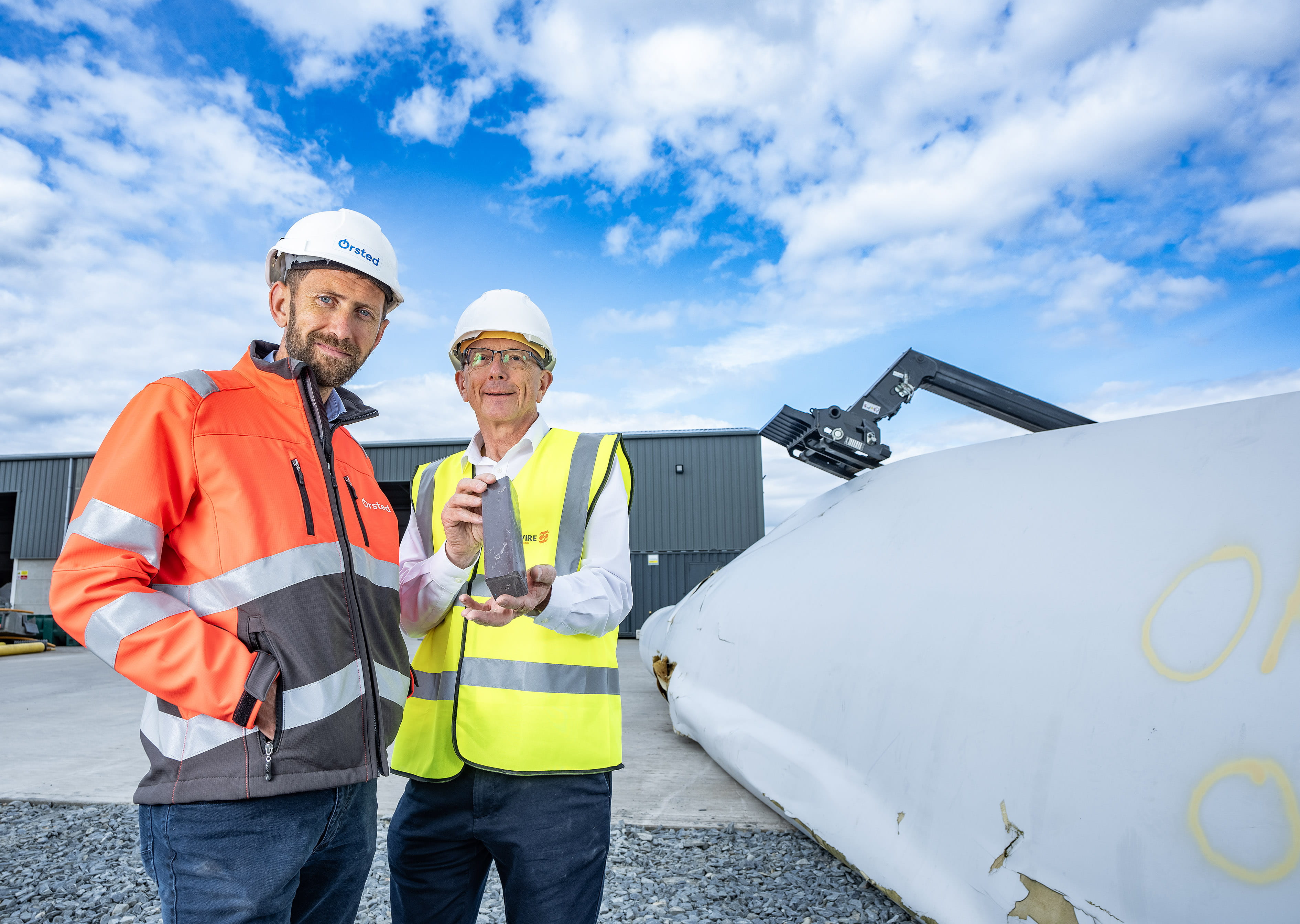 Pictured next to a decommissioned blade are (l-r) Ray O’Connell, Director of Operations at Ørsted UK & Ireland and Andrew Billingsley, CEO of Plaswire.
