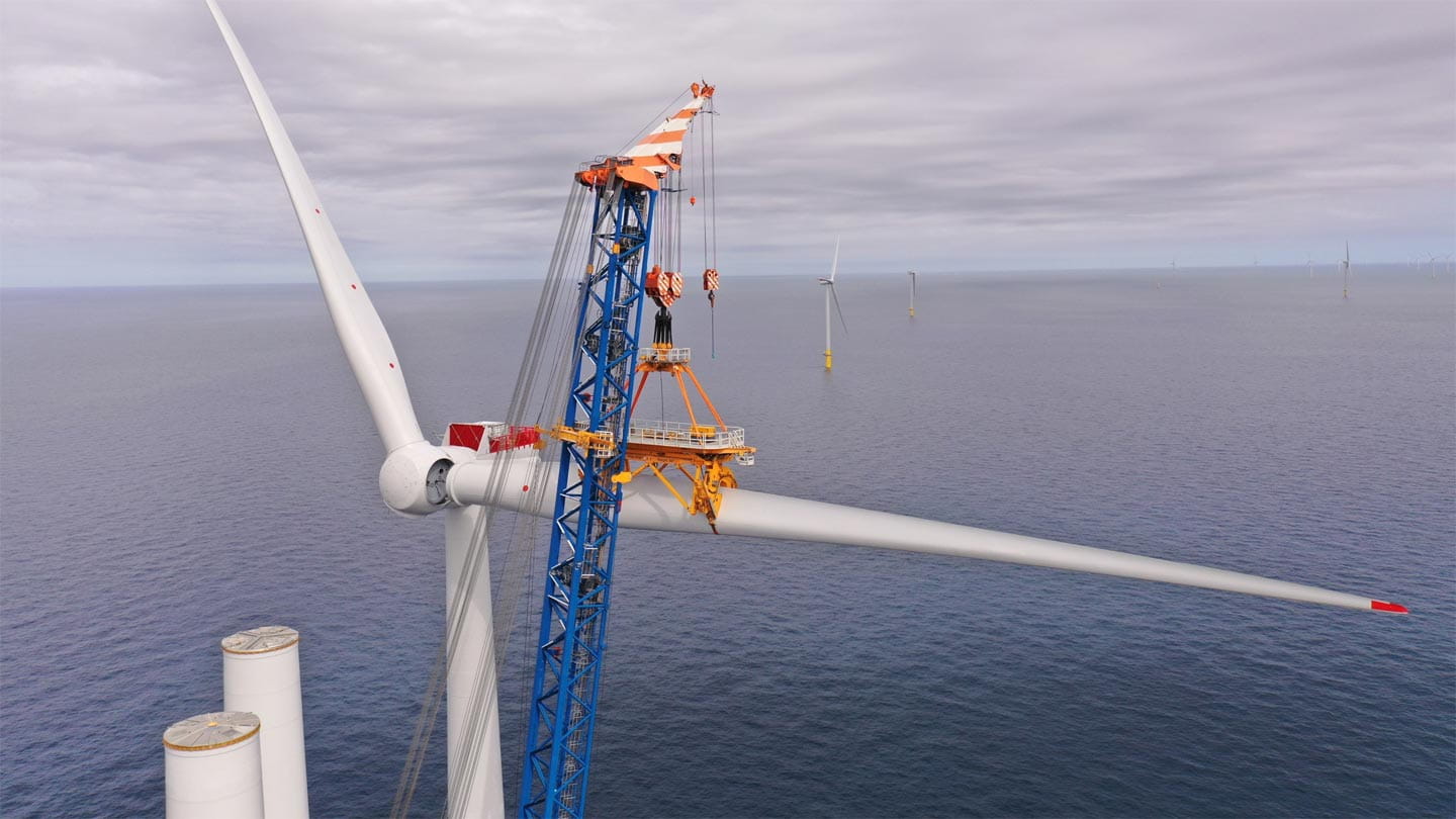 Blade installation during the construction of Ørsted's Hornsea 2 offshore wind farm, which is the world's largest.
