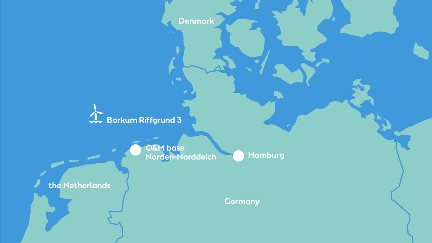 Map depicting Ørsted's Borkum Riffgrund 3, an offshore wind farm supplying energy to Germany.