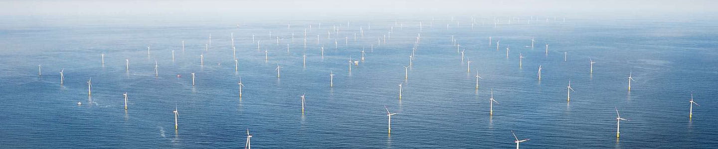 Bird's-eye view of one of Ørsted's offshore wind farms.