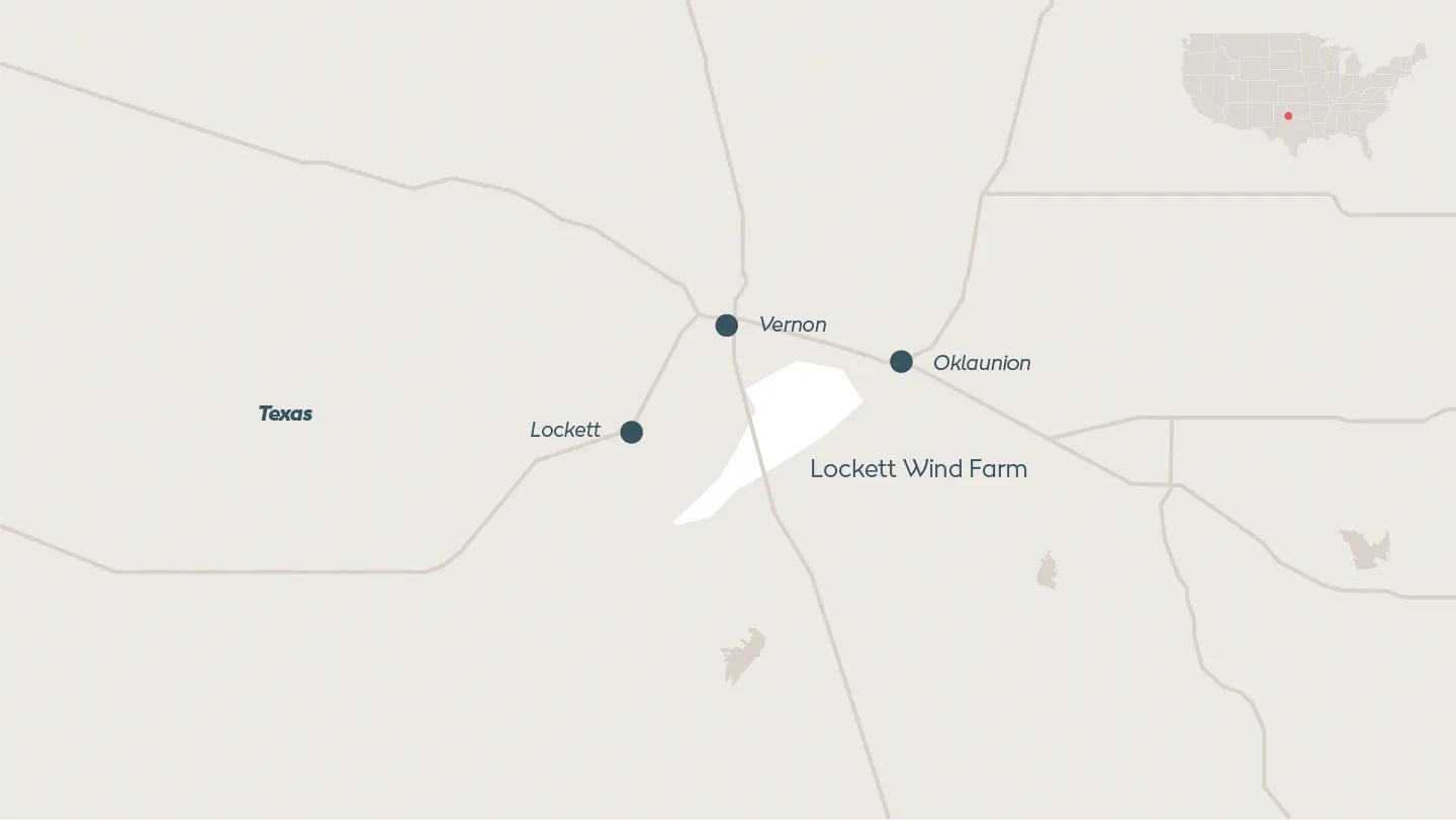 Map depicting Lockett Wind, onshore wind farm located in Wilbarger County, Texas, US.