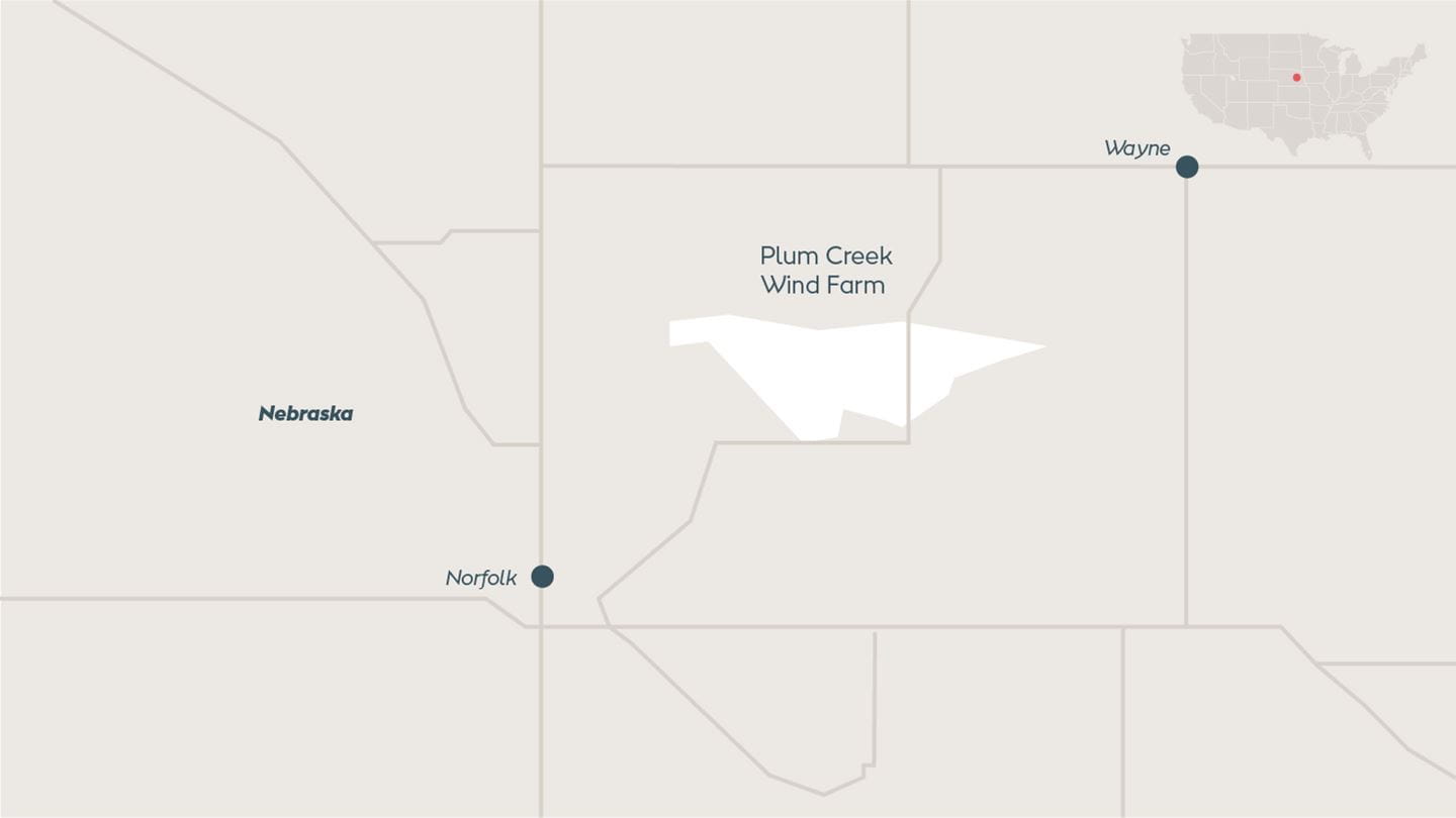 Map depicting Plum Creek Wind, onshore wind farm located in Wayne County, Nebraska, US.