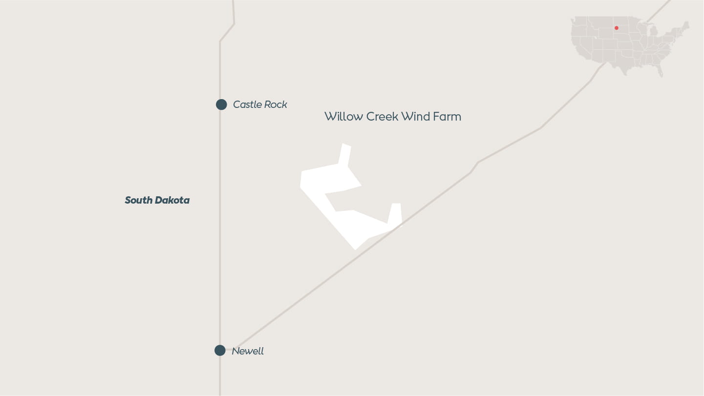 Map depicting Willow Creek Wind, onshore wind farm located in Butte County, South Dakota, US.