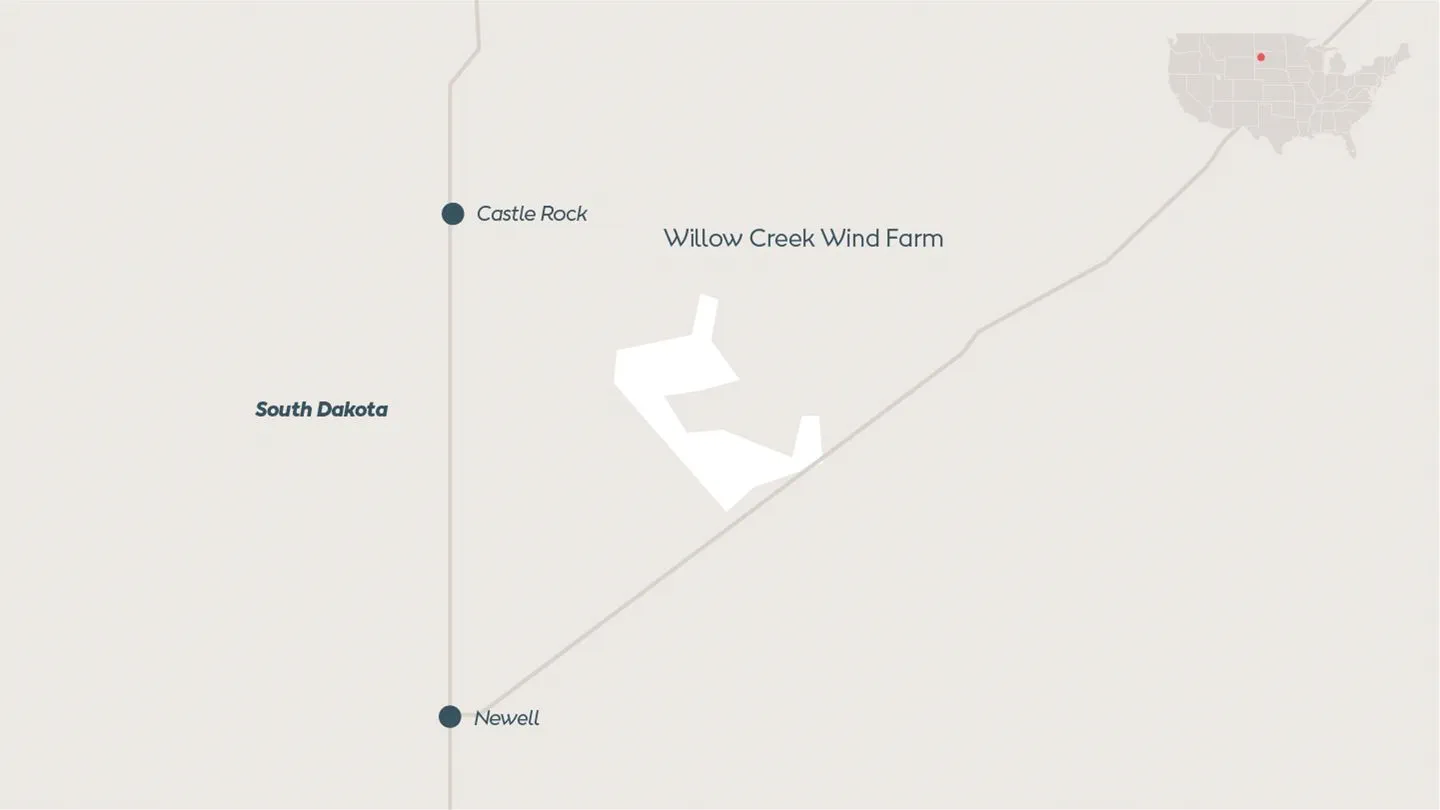Map depicting Willow Creek Wind, onshore wind farm located in Butte County, South Dakota, US.