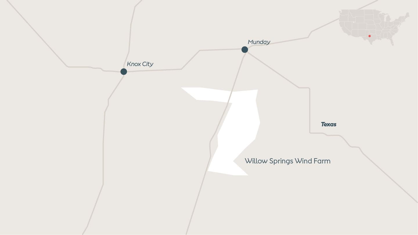 Map depicting Willow Springs Wind, onshore wind farm located in Haskell County, Texas, US.