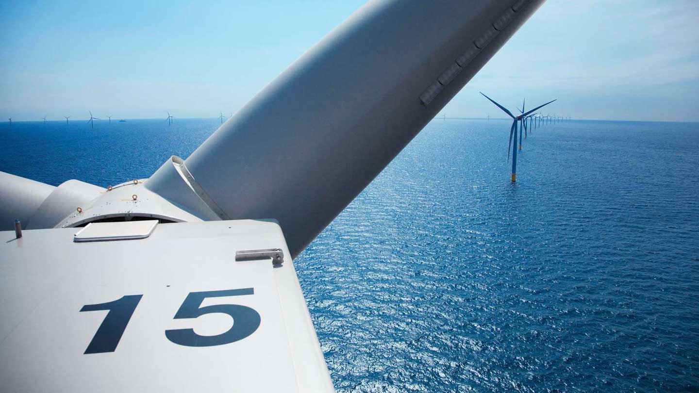 The view from the top of a wind turbine at an offshore wind farm.