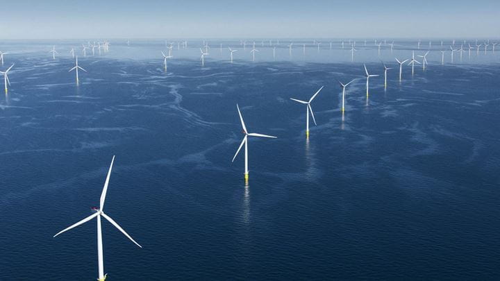 Verdens største havvindpark med flere vindturbiner stående på rader i mørkeblått hav.