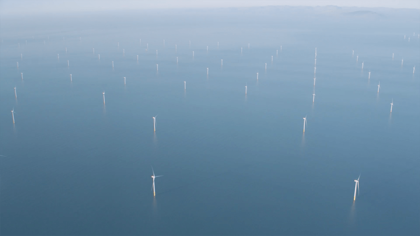 Full view of an offshore wind farm