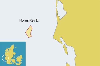 Map showing the location of Horns Rev 2 Offshore Wind Farm.