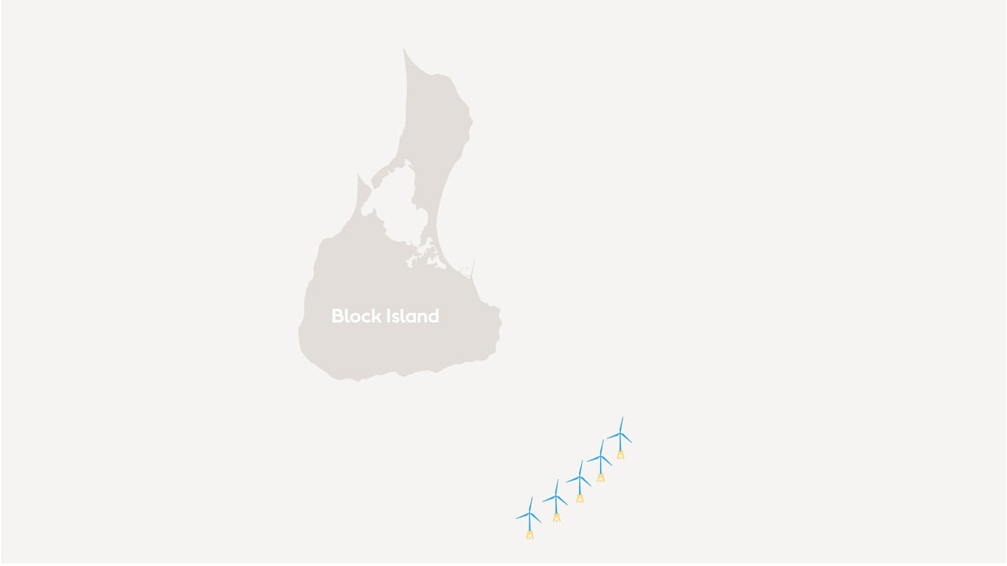 Light grey graphic showing Block Island and the nearby offshore wind farm.