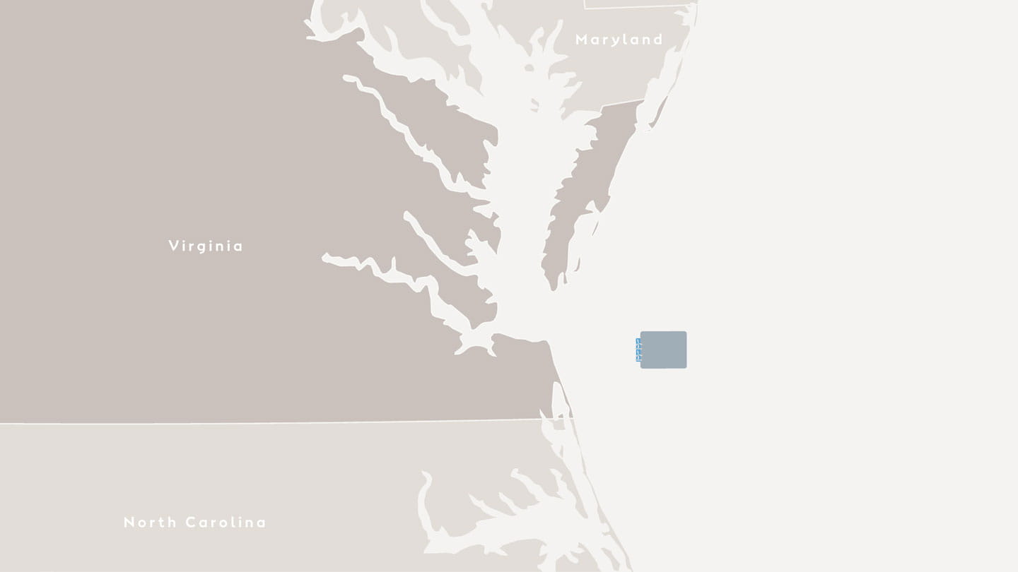 Light grey graphic showing Ørsted's offshore wind project Coastal Virginia Offshore Wind located near the Virginia coast. 