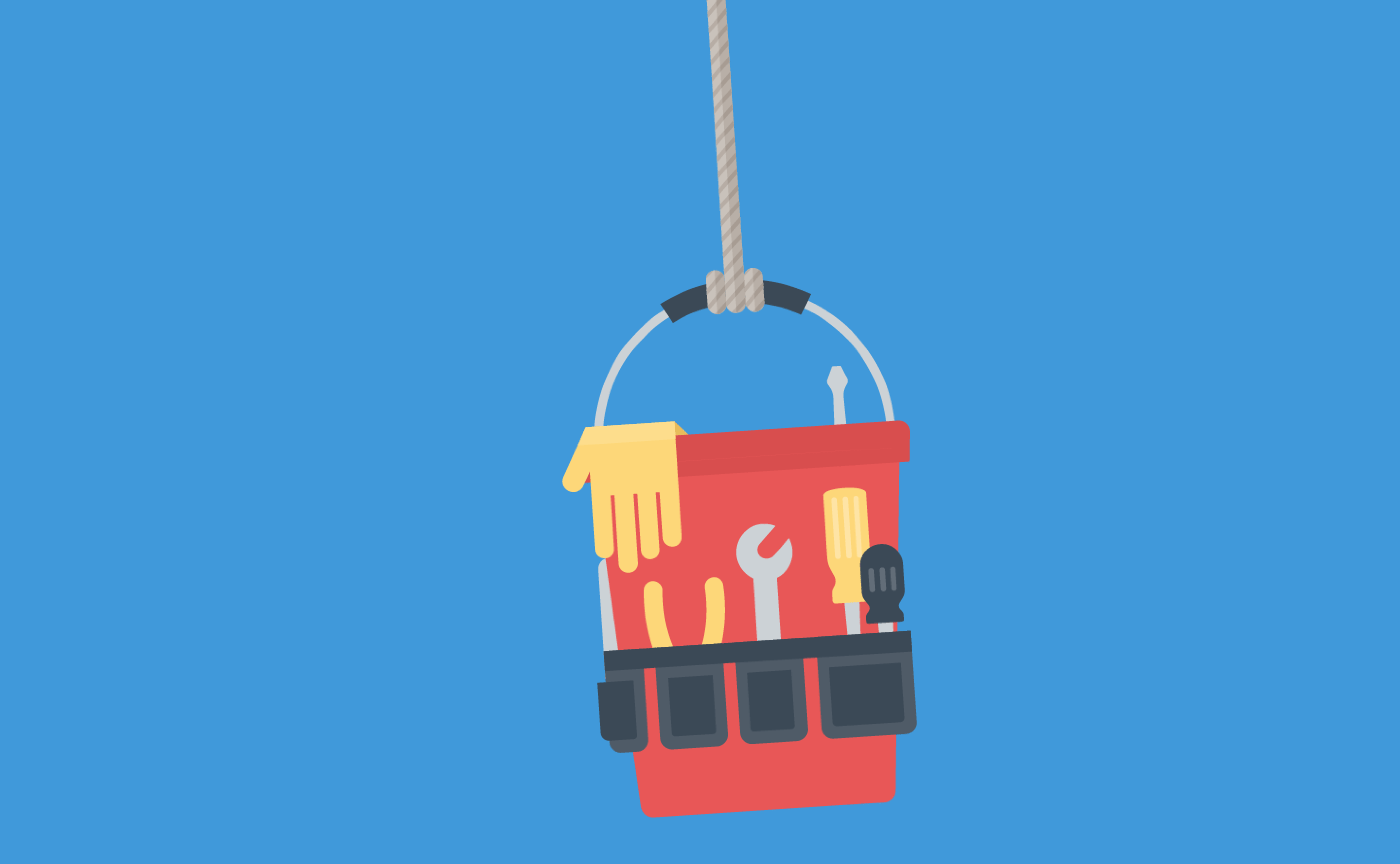 A red tool bucket on a rope.