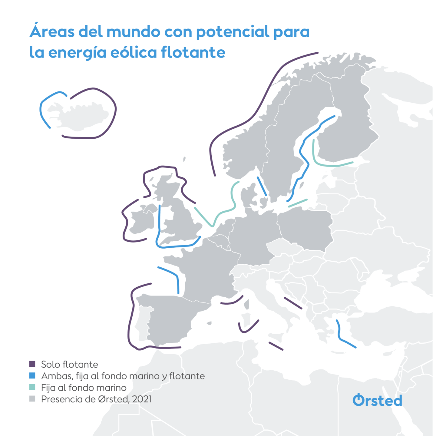 Ilustración de los lugares de algunos países europeos en los que Ørsted puede instalar aerogeneradores marinos.