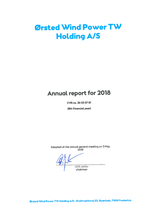 Ørsted Wind Power TW Holding annual report for 2018.