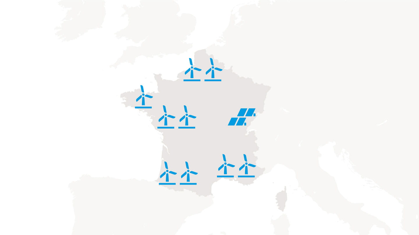 Illustration schématique des parcs éoliens et solaires en France.