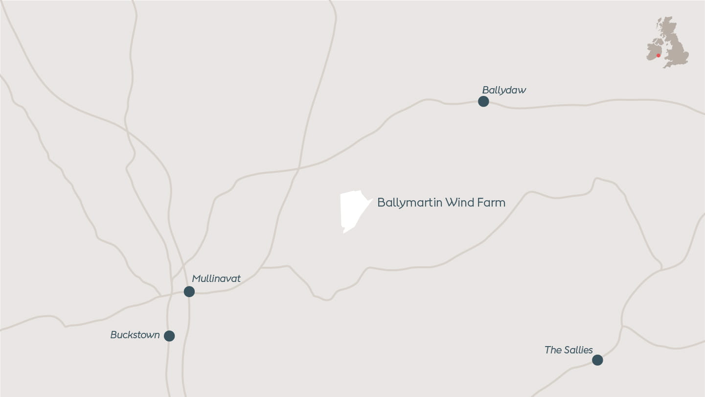 Map depicting Ballymartin, onshore wind farm located in County Kilkenny, Ireland.