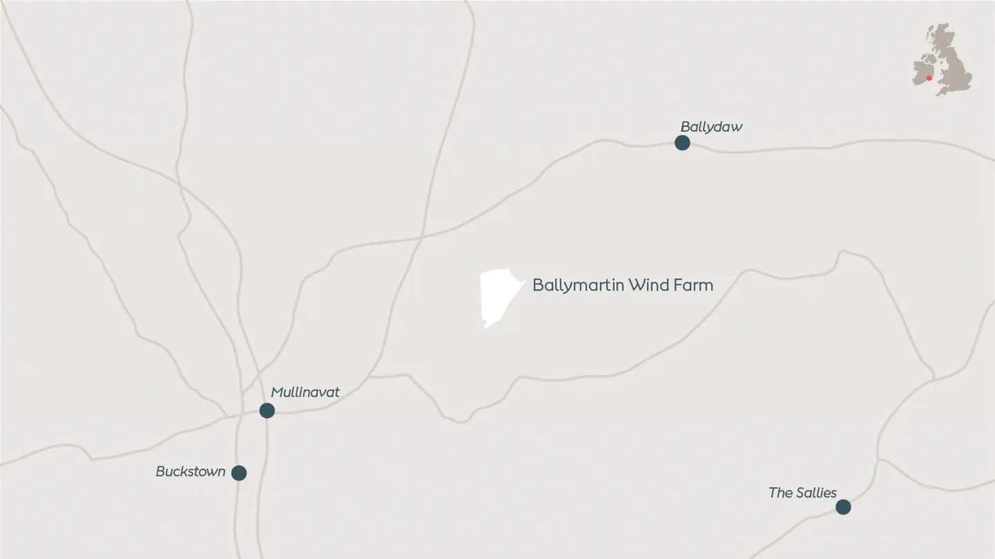 Map depicting Ballymartin, onshore wind farm located in County Kilkenny, Ireland.