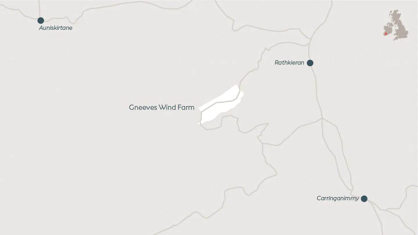 Map depicting Gneeves, onshore wind farm located in County Cork, Ireland.