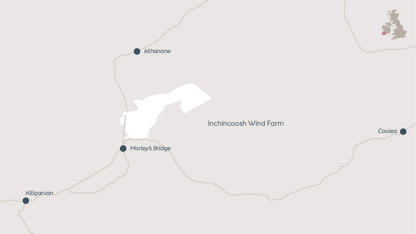 Map depicting Inchincoosh, onshore wind farm located in County Kerry, Ireland.