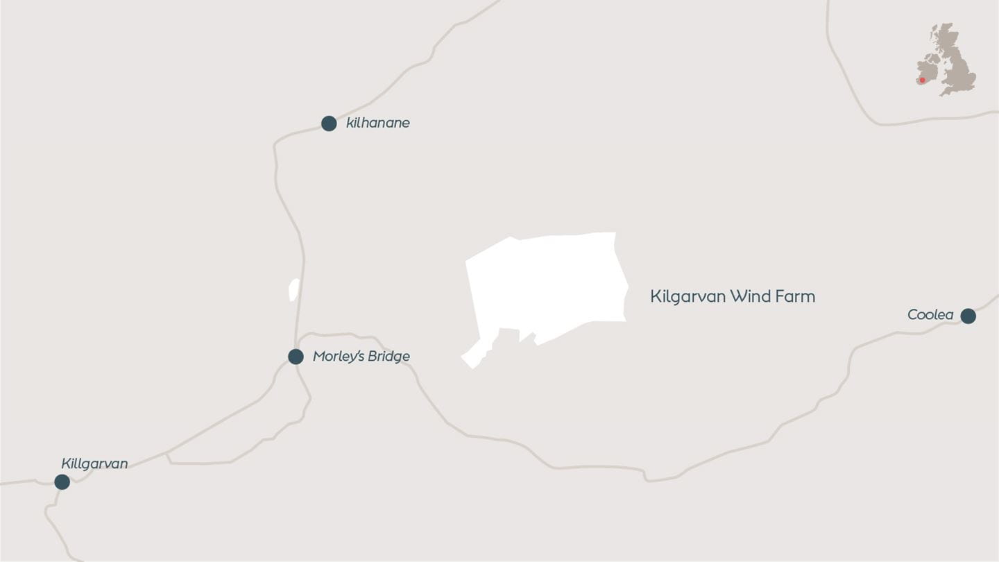 Map depicting Kilgarvan, onshore wind farm located in County Kerry, Ireland.