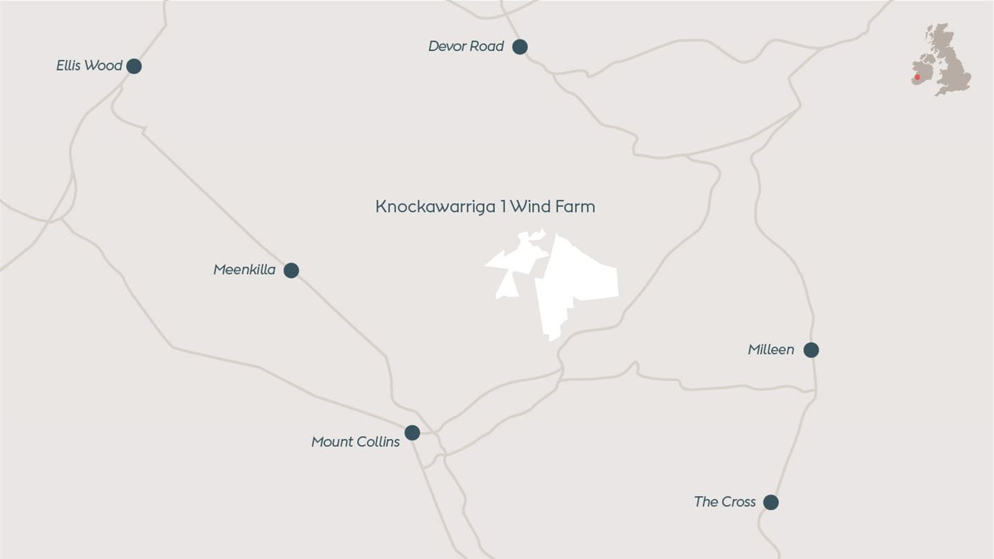 Map depicting Knockawarigga 1, onshore wind farm located in County Limerick, Ireland.