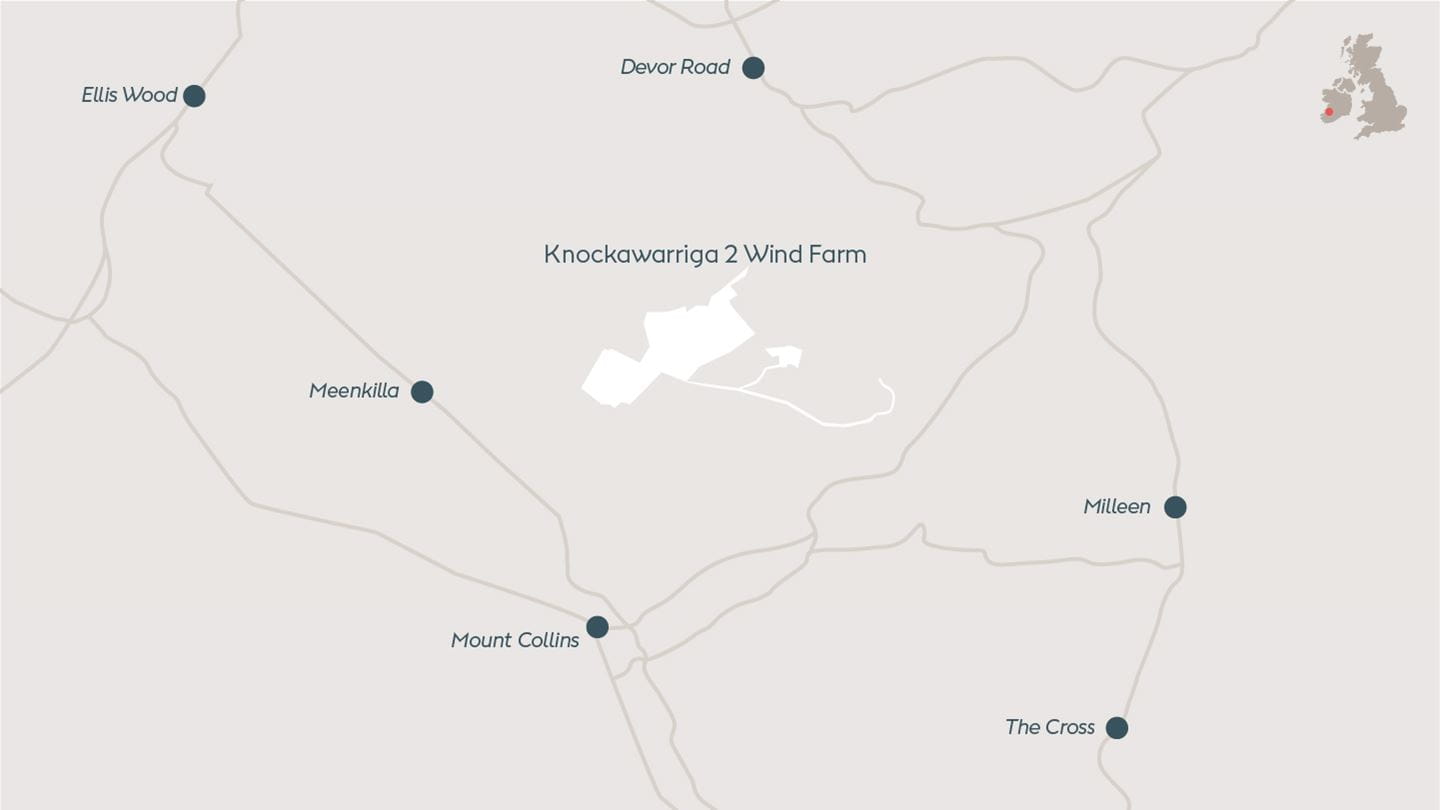 Map depicting Knockawarigga 2, onshore wind farm located in County Limerick, Ireland.