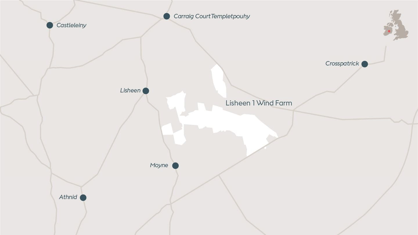 Map depicting Lisheen 1, onshore wind farm located in County Tipperary, Ireland.
