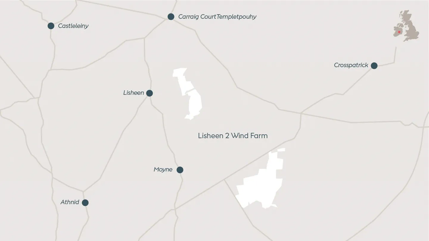 Map depicting Lisheen 2, onshore wind farm located in County Tipperary, Ireland.