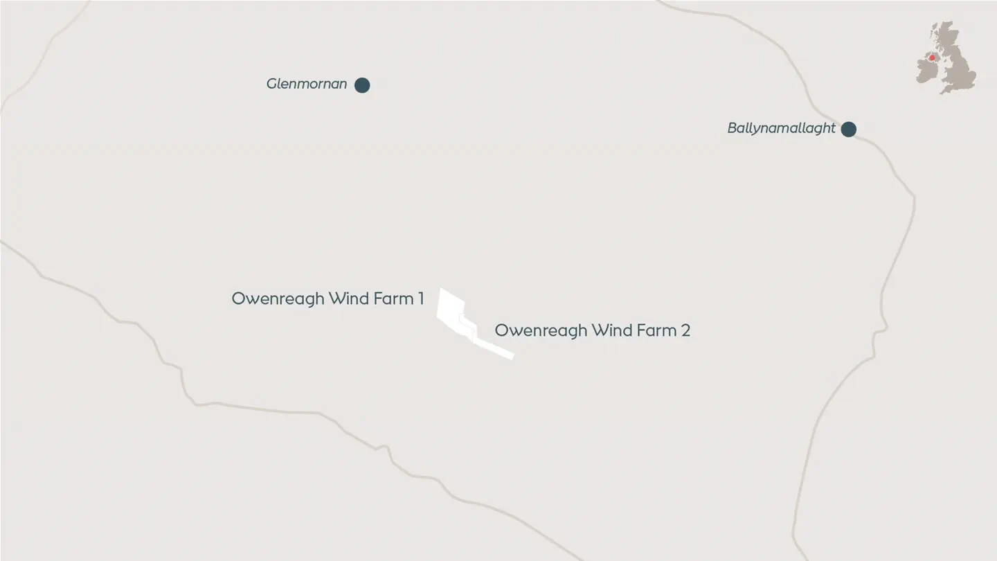 Map depicting Owenreagh 1, onshore wind farm located in County Tyrone, Northern Ireland.