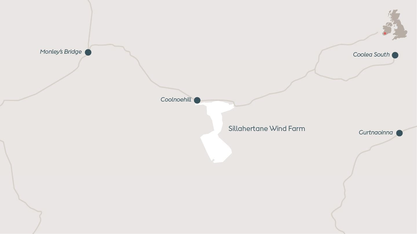 Map depicting Sillahertane, onshore wind farm located in County Kerry, Ireland.