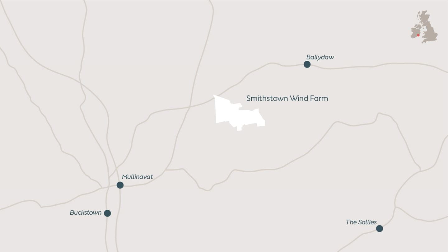 Map depicting Smithstown, onshore wind farm in County Kilkenny, Ireland.