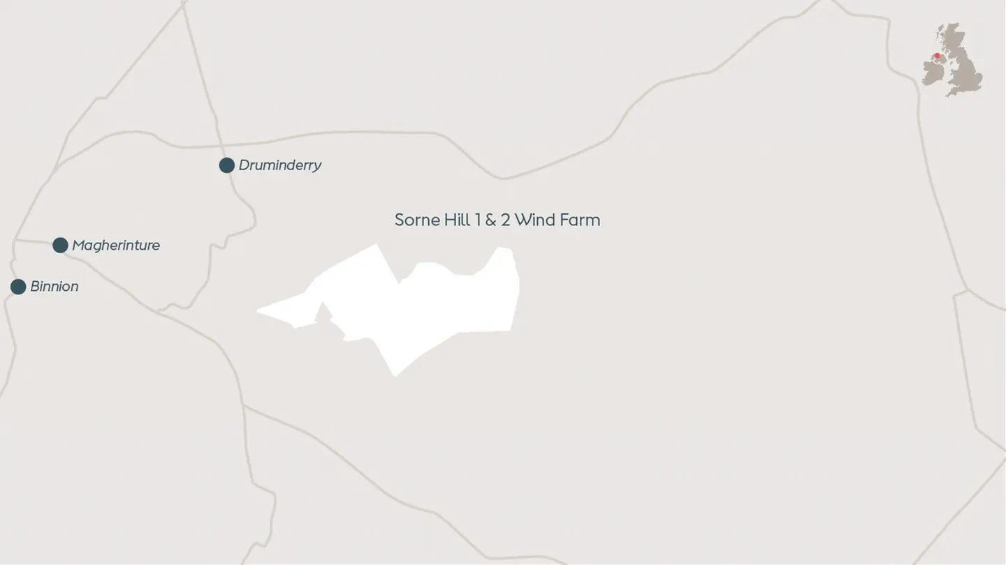 Map depicting Sorne 1, onshore wind farm located in County Donegal, Ireland.