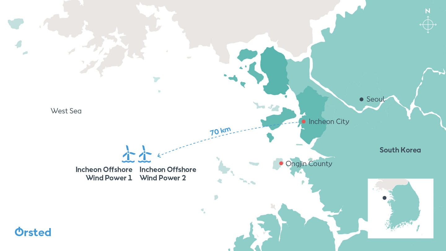 The Ørsted Incheon offshore wind projects are located approximately 70 km off the coast of Incheon.