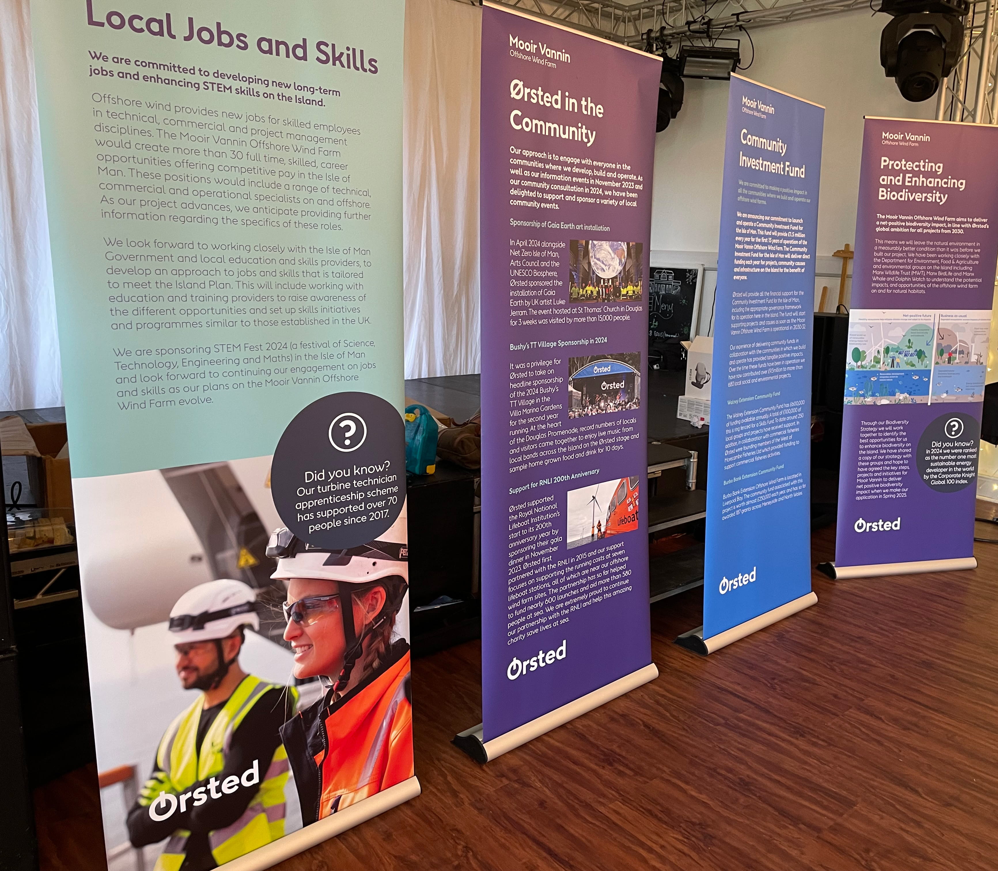 Some of the information boards about the Mooir Vannin Offshore Wind Farm which were on display at the Laxey and Ramsey events, and will feature in the August events in Douglas, Peel and Port Erin. 