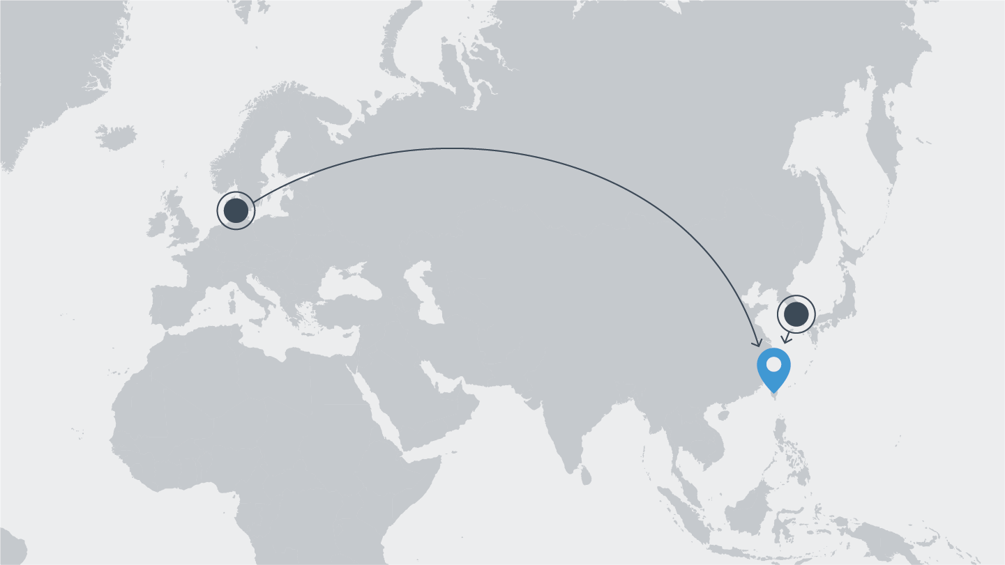Map showing journey of net cages transported from Denmark to Taiwan for ReCoral project