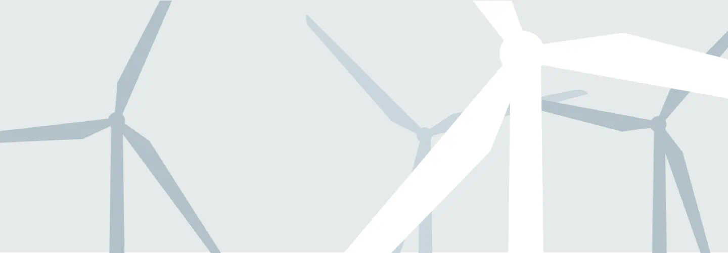 Graphic showing four wind turbines: one white wind turbine in the foreground, and three blue ones in the background.