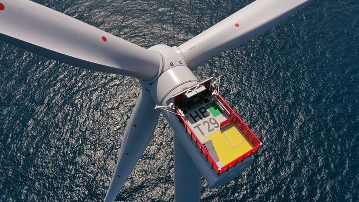 An photograph looking down on an Ørsted offshore wind turbine