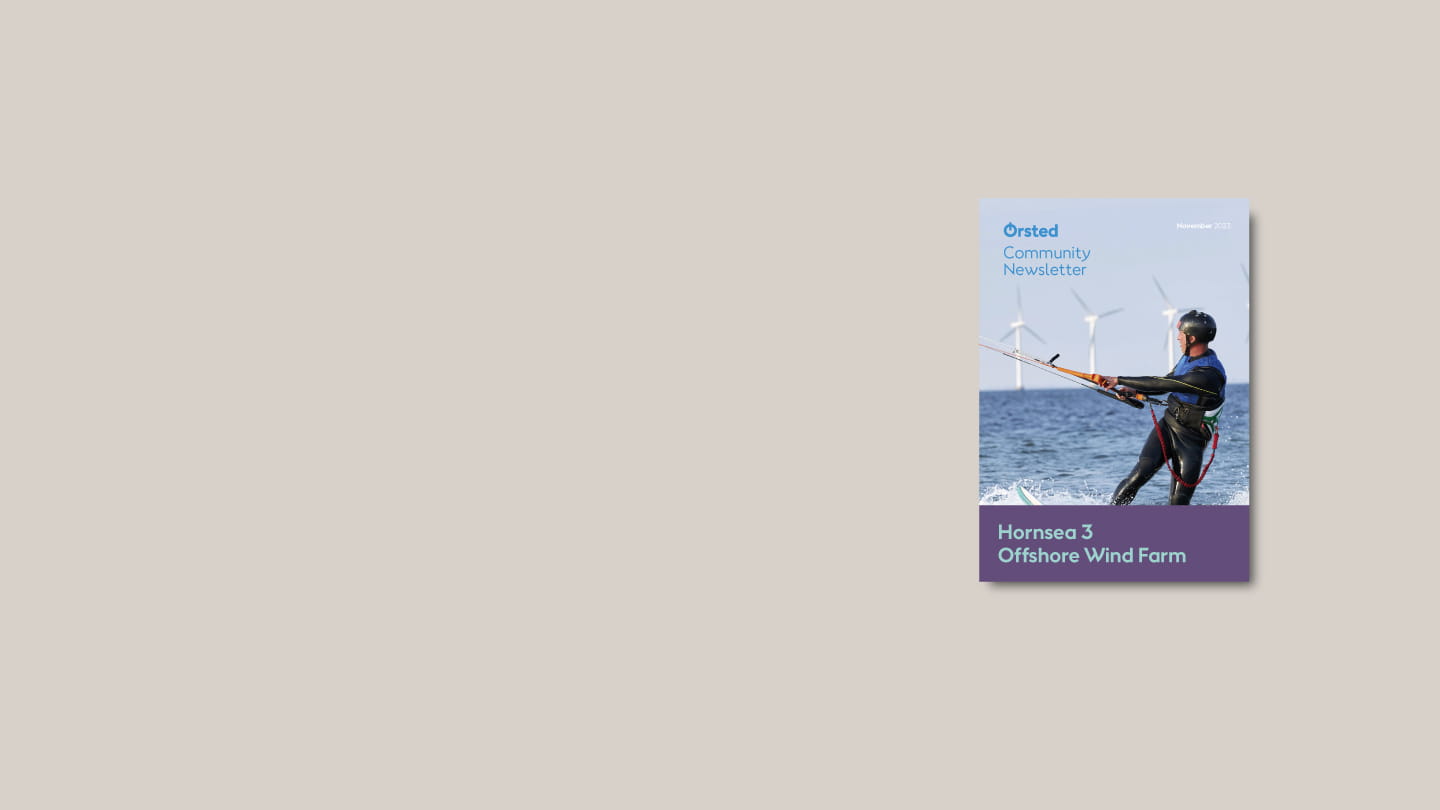 Hornsea 3 November 2024 newsletter front page showing kite surfer in foreground with wind turbines in background.