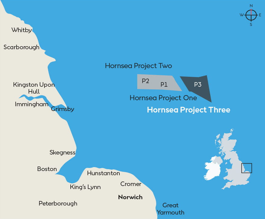 Map showing the offshore location of Hornsea 3