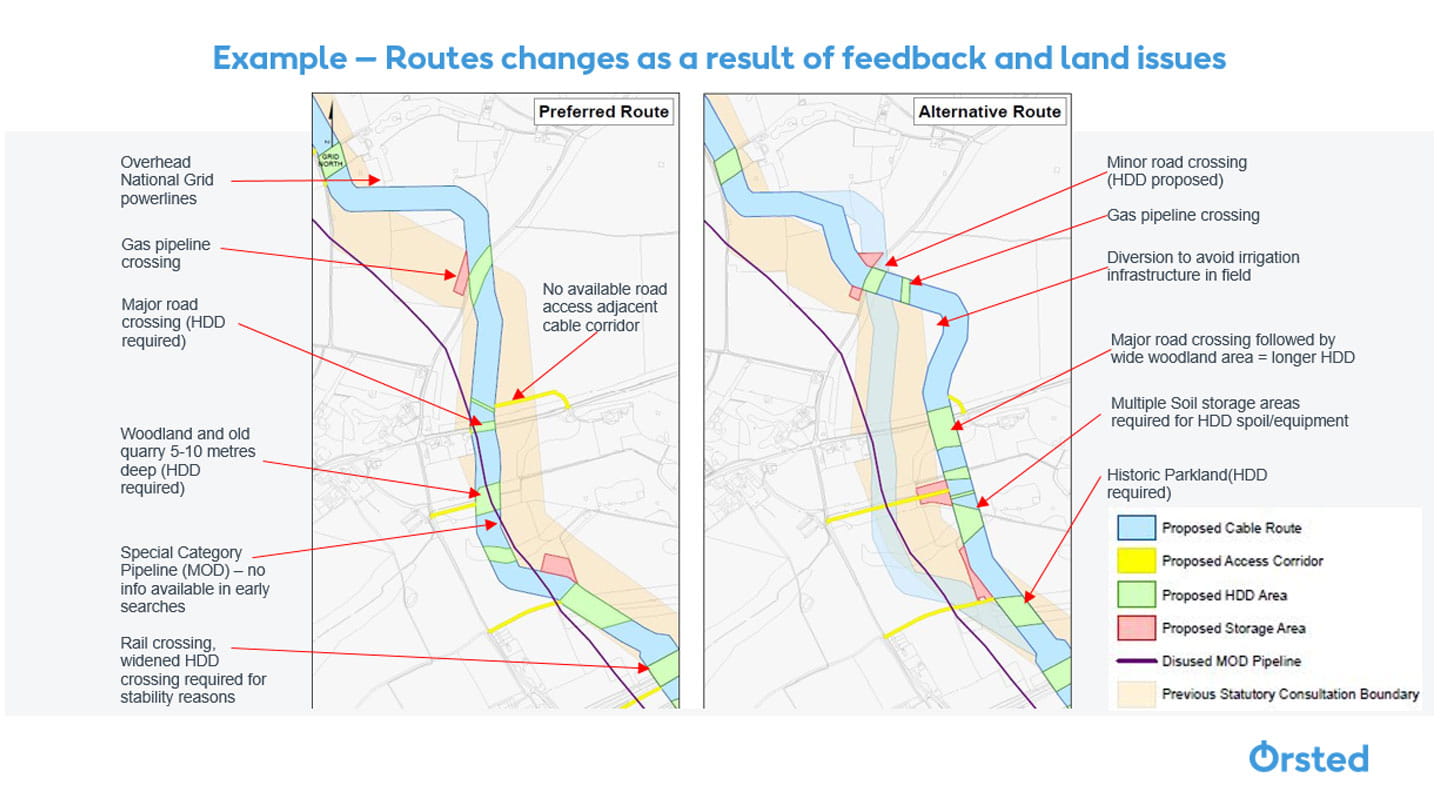 Map of route changes as a result of feedback and land issues