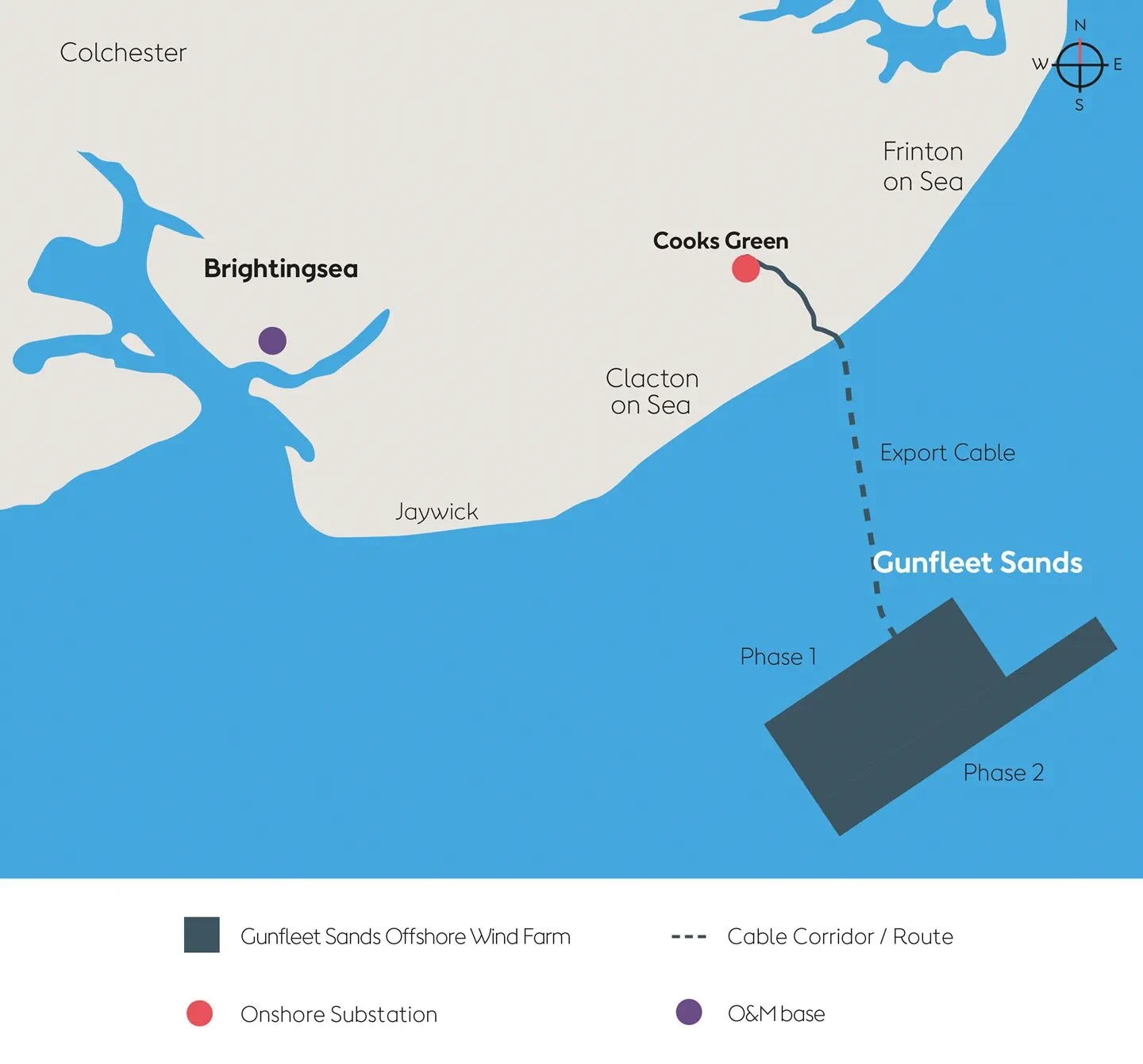 Map showing the location of Gunfleet Sands Offshore Wind Farm.