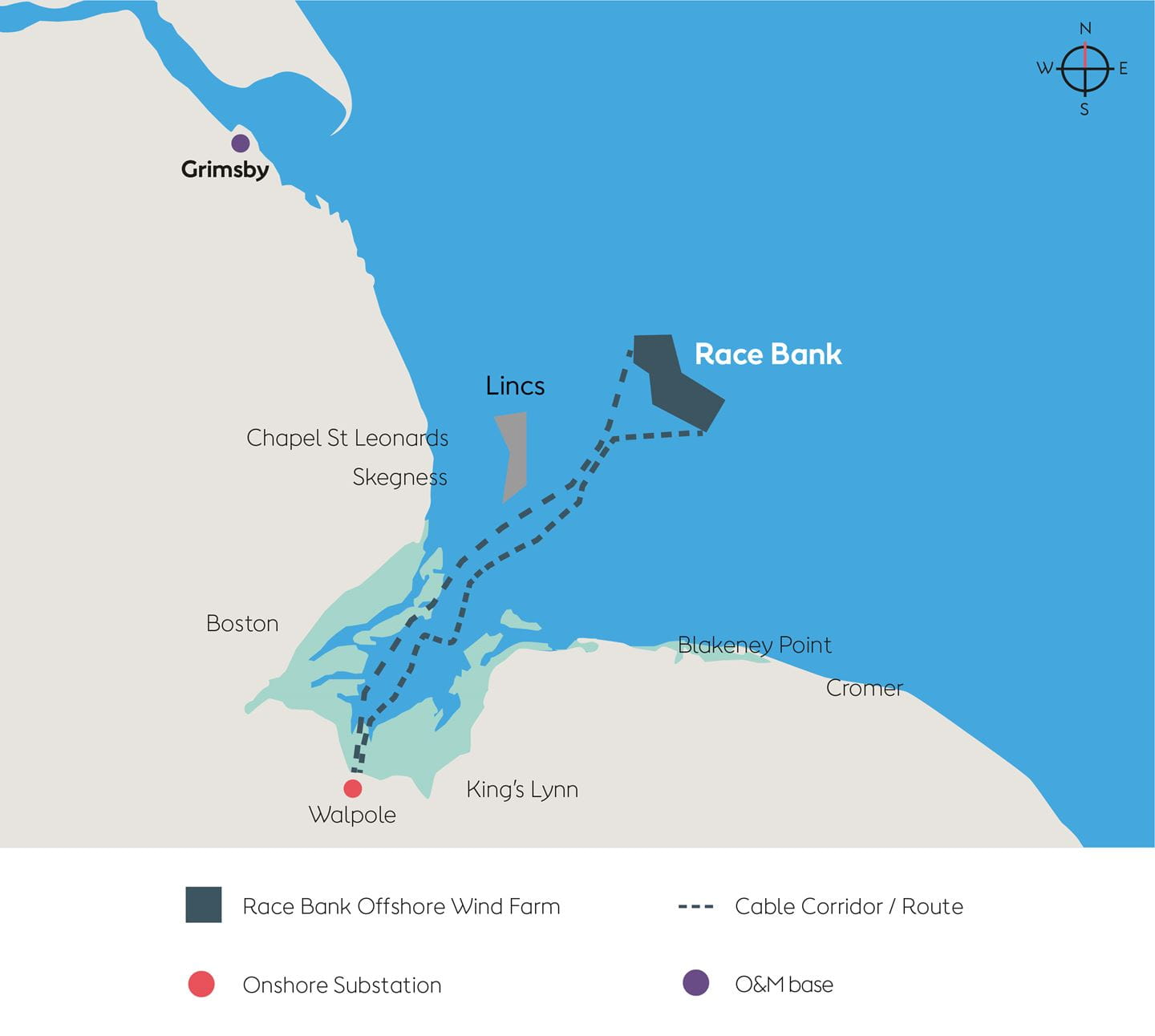 Map showing the location of Race Bank Offshore Wind Farm.