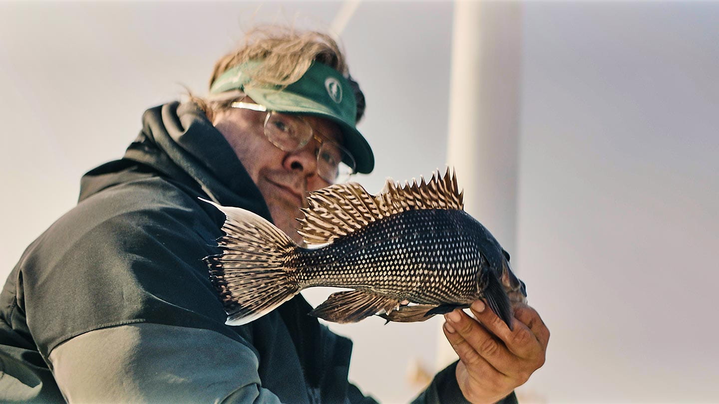 Hank Hewitt, professional angler, Block Island local, and offshore wind supporter, holds up a spiny black and white fish.