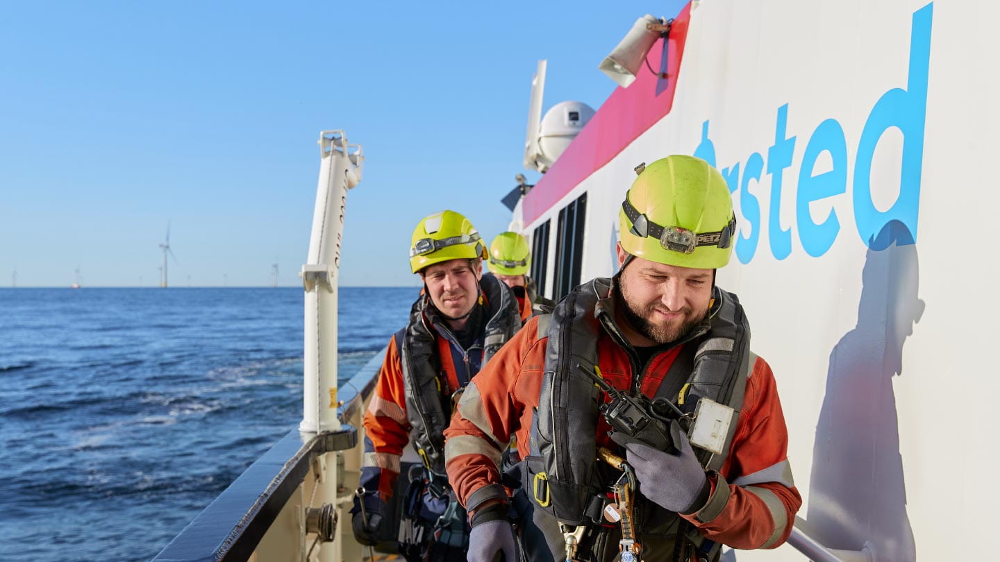 Offshore wind workers walk along an offshore service vessel, supporting Ørsted’s goal of building clean energy globally.