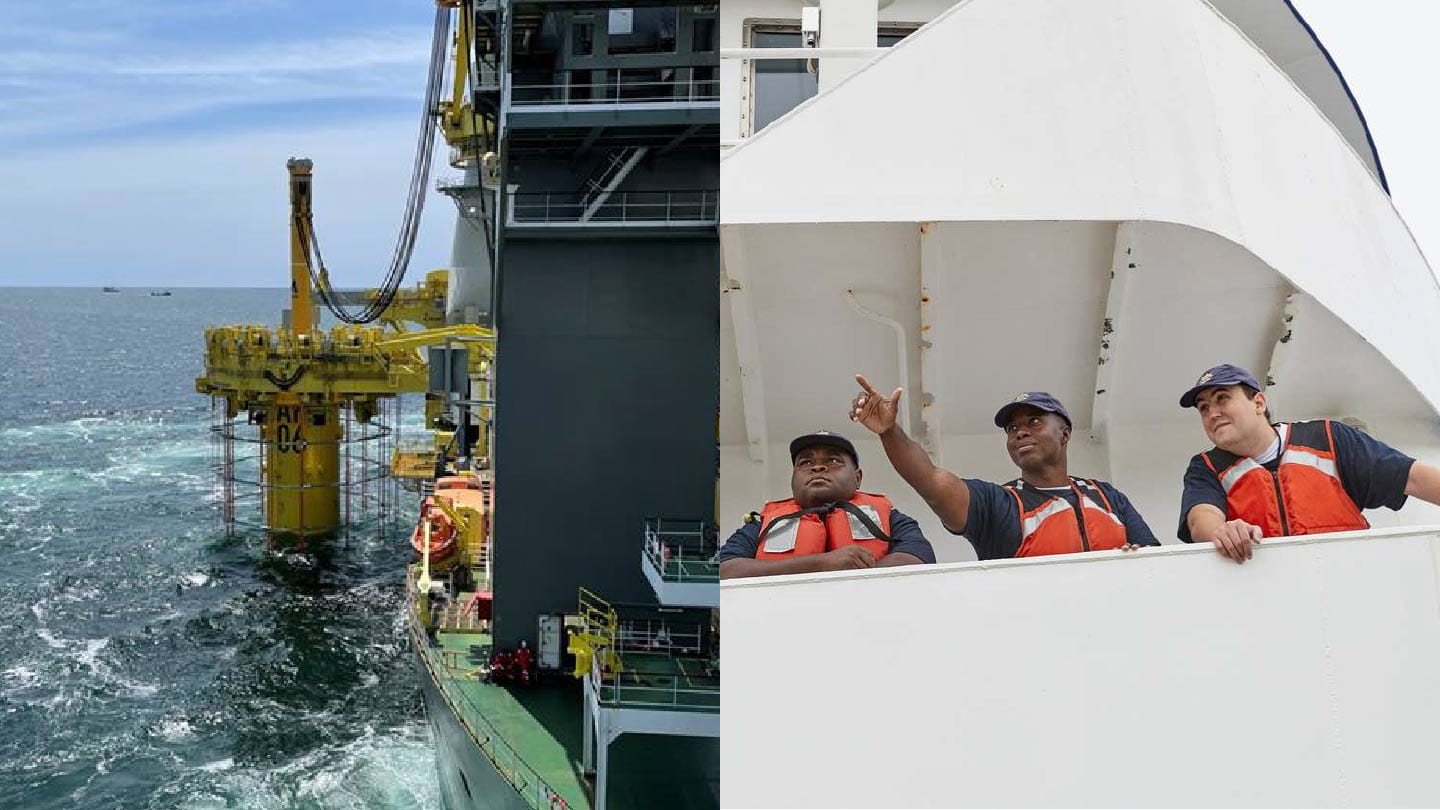 Diptych of two photos: the tower of an Ørsted offshore wind turbine and three workers during offshore wind job training.