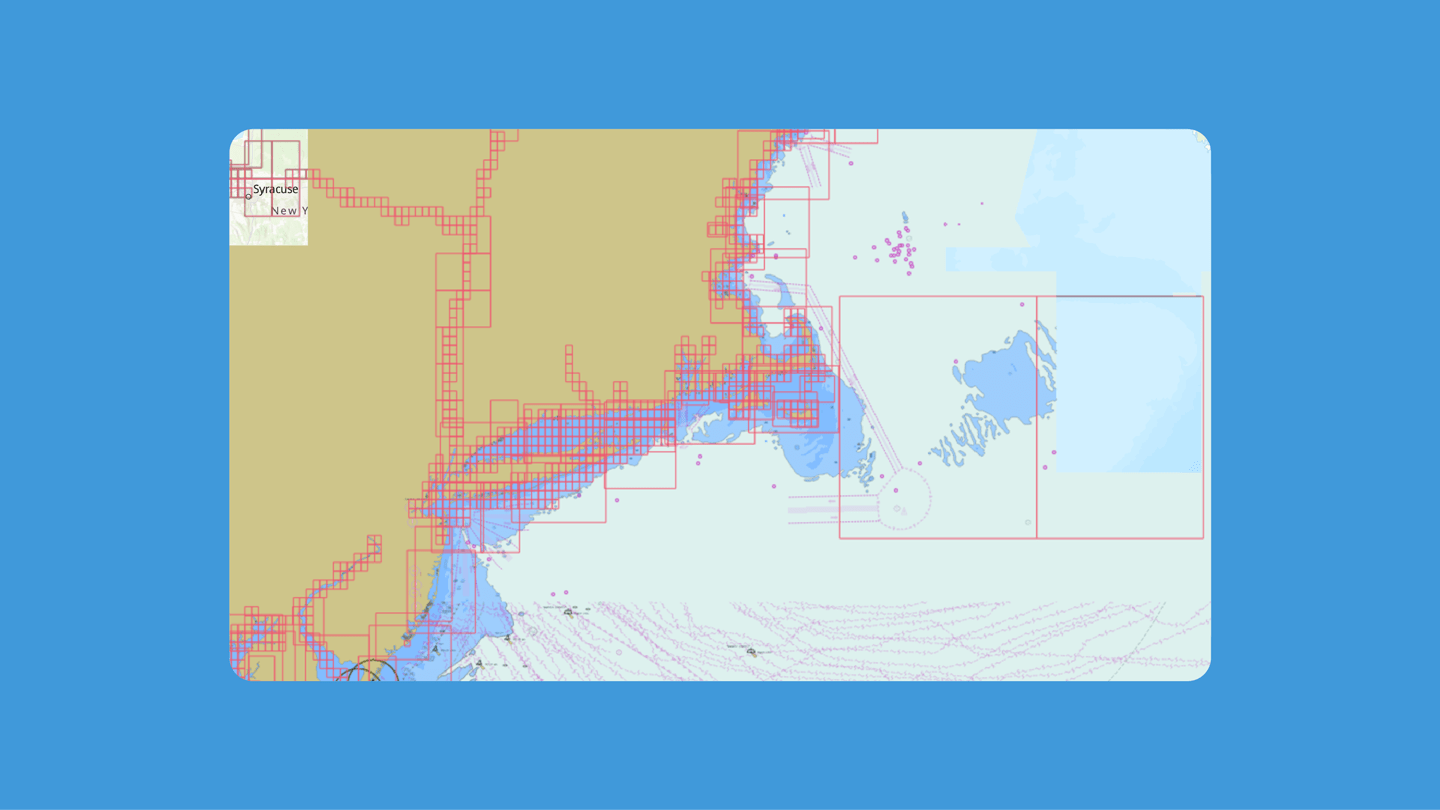 Blue and orange navigational chart of the Northeast coastline for mariners provided by NOAA, a longtime Ørsted partner.