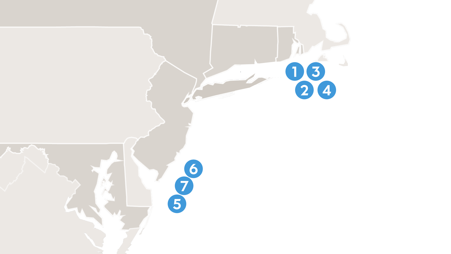 Map of Ørsted's seven offshore wind farms on the Northeast Coast, showing areas where mariners and fisherman may sail.