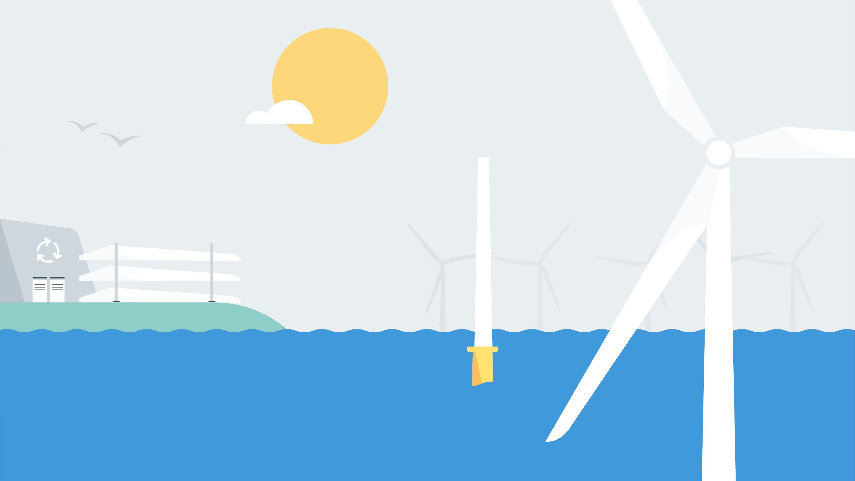 Illustration of wind turbine blades on shore and an offshore wind turbine <a href=