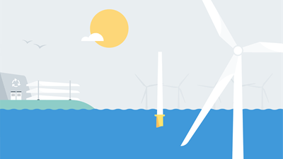 Illustration of wind turbine blades on shore and an offshore wind turbine at sea shows how turbines can be recycled. 
