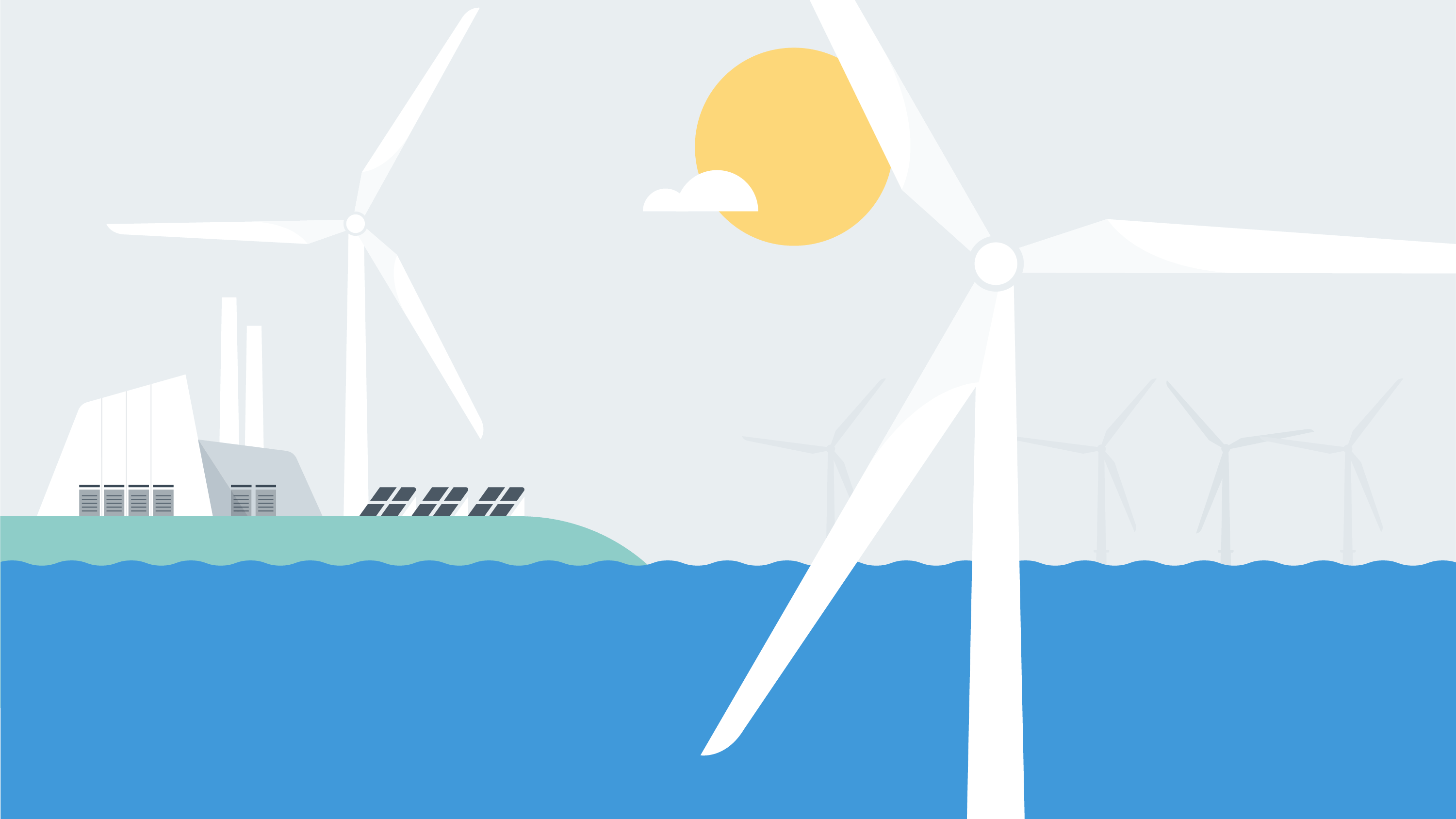 Several offshore wind turbines juxtaposed with onshore energy sources, showing the reliability of offshore wind energy. 